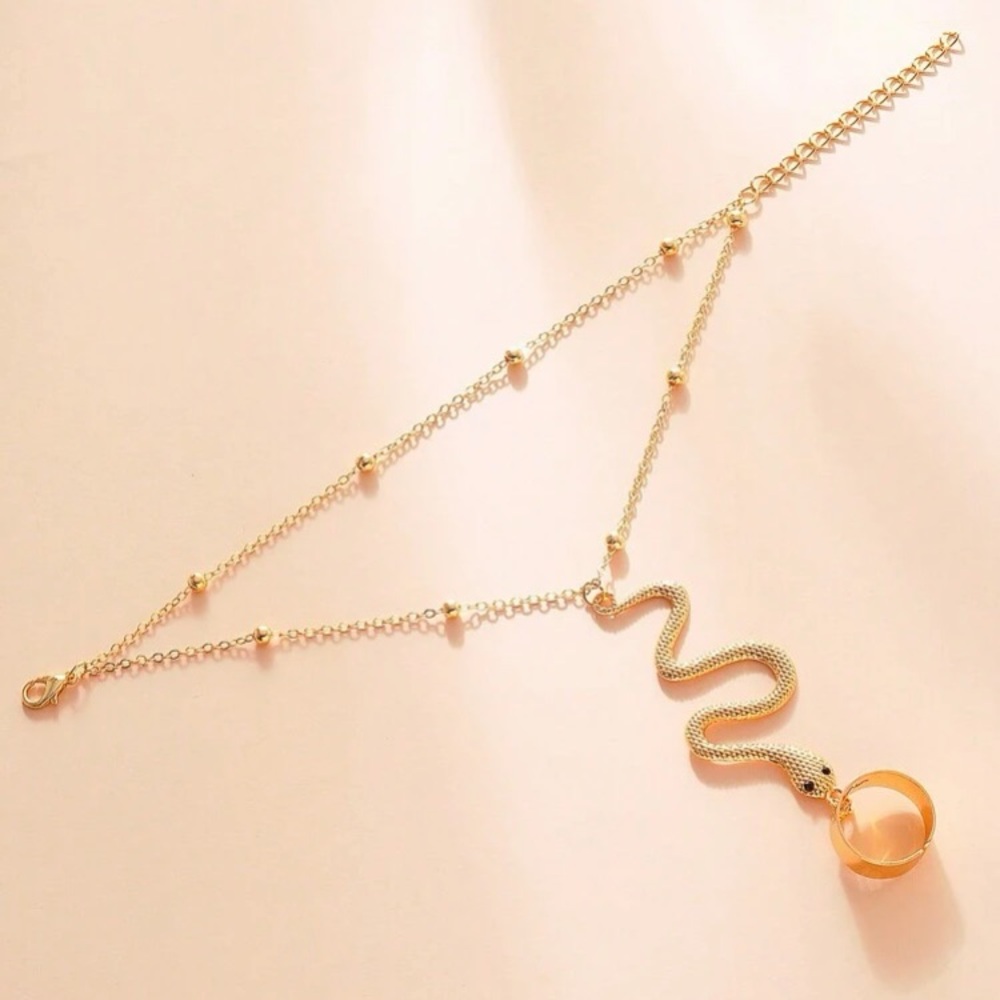 Unique Gold Snake Chain Linked Ring and Bracelet Set